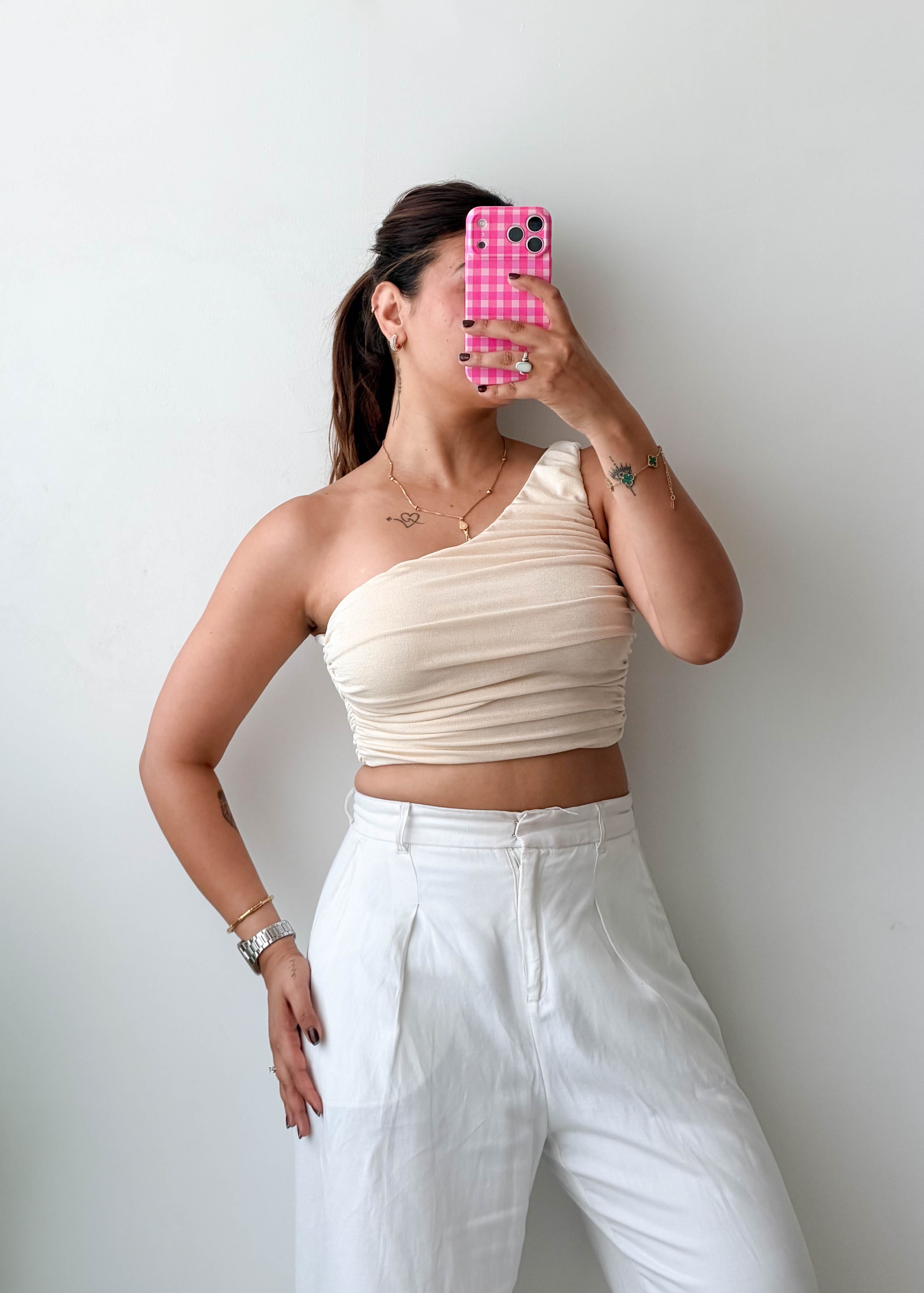 Size XS-S Cream One Shoulder Ruched Top