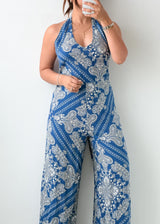 Size M-L Blue Paisley Print Halter wrap around Jumpsuit