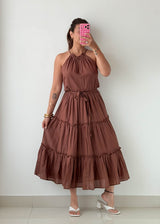 Size M-L Mocha Tiered Halter Midi Dress