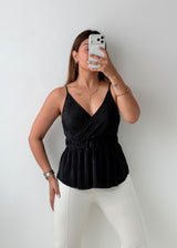 Size M-L Black Pleated Wrap Peplum Top