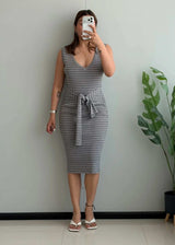 SIZE S-M, Grey Stripe Tie Waist Midi Dress - Closet by Payal