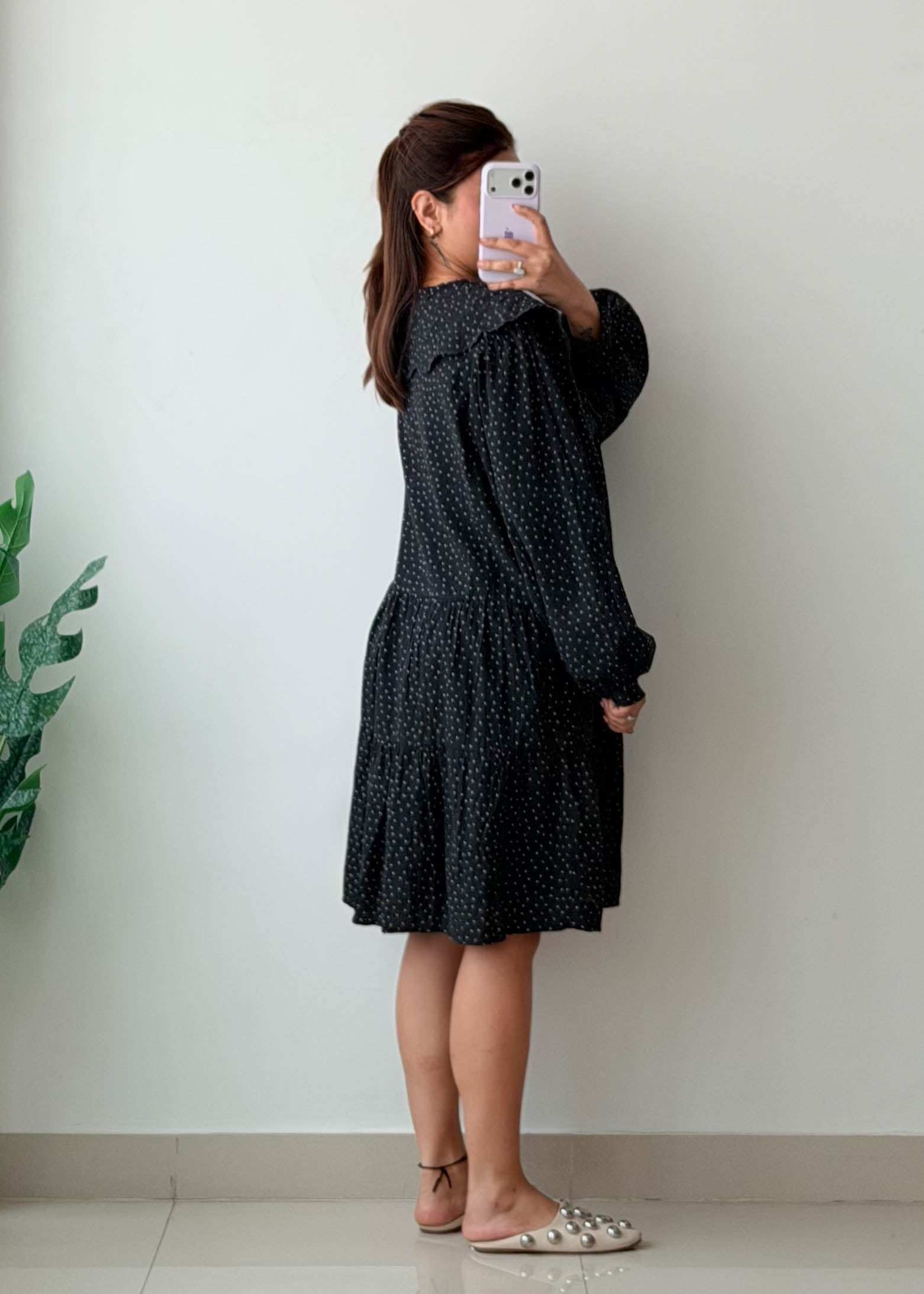 Size L-XL Black Swiss Dot Babydoll Dress