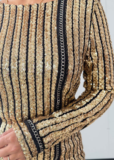 Size S-M, Gold Sequin Long Sleeve Mini Dress - Closet by Payal