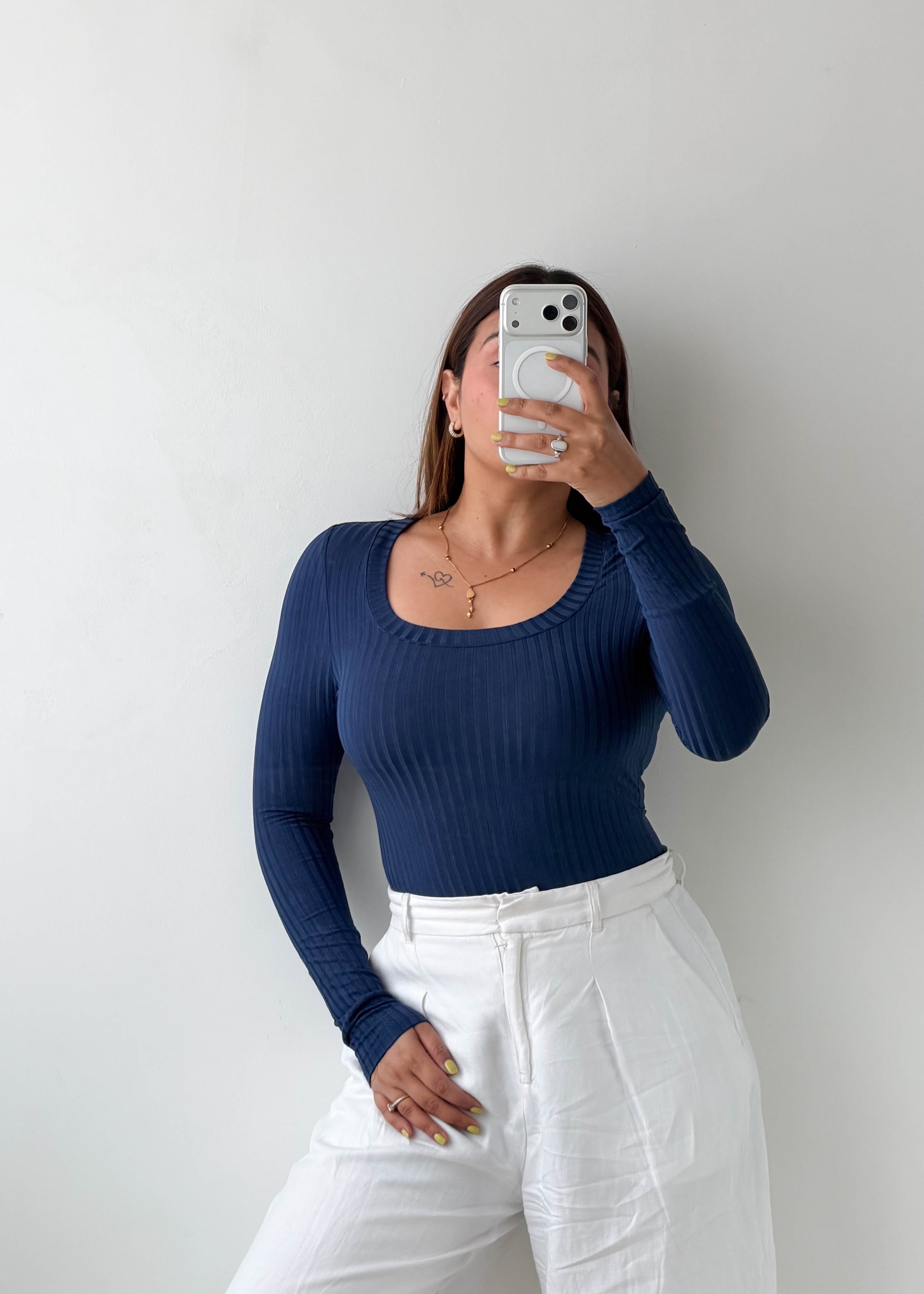 Size XS-S Navy Ribbed Scoop Neck Bodysuit