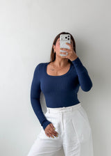 Size XS-S Navy Ribbed Scoop Neck Bodysuit