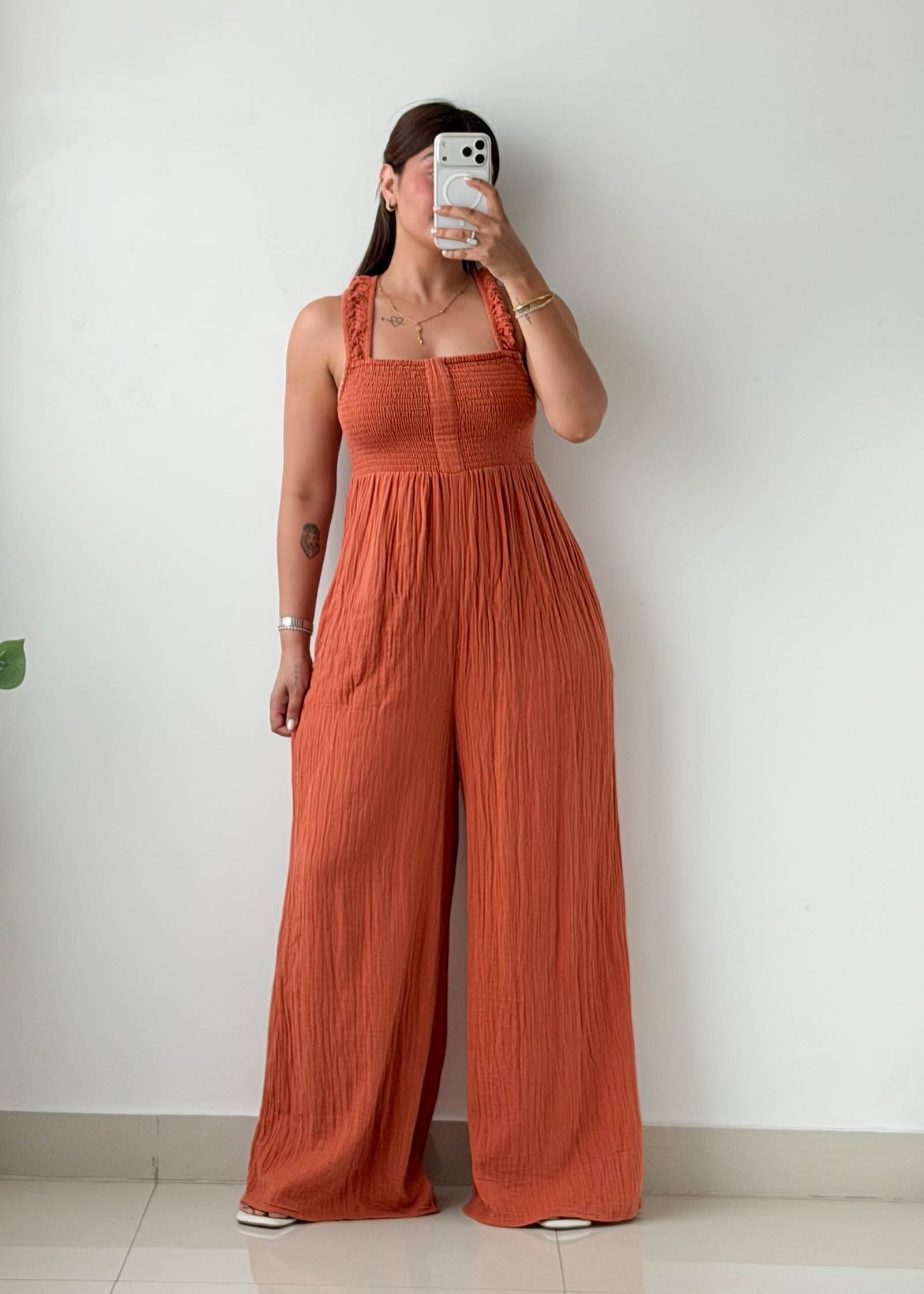 Size M-L Rust Orange Textured Jumpsuit