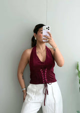 Size M-L, Burgundy Lace-Up Halter Ribbed Top - Closet by Payal