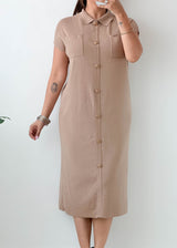 Size M-L Beige Button-Down Shirt Midi Dress