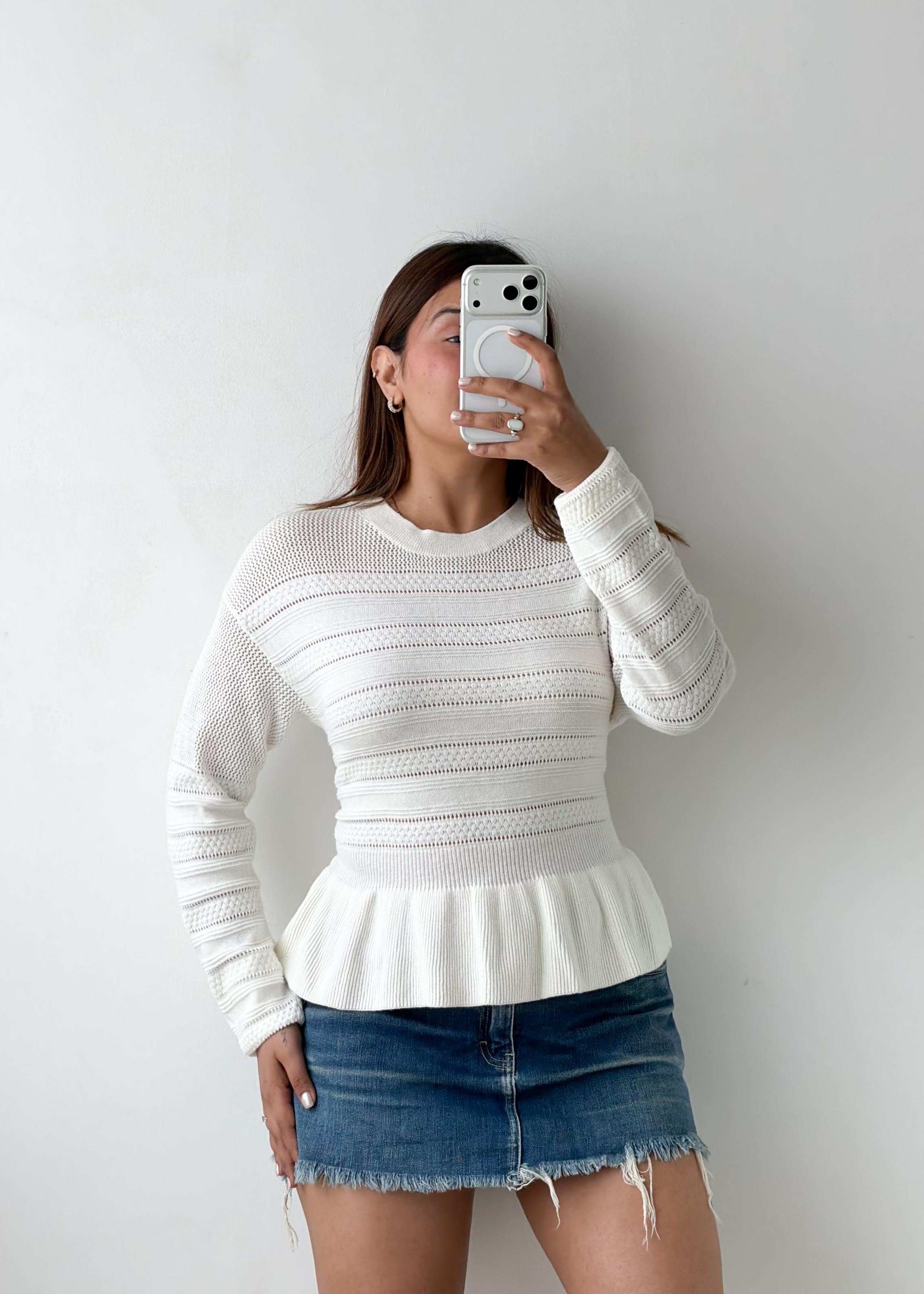 Size L-XL White Peplum Knit Sweater Top