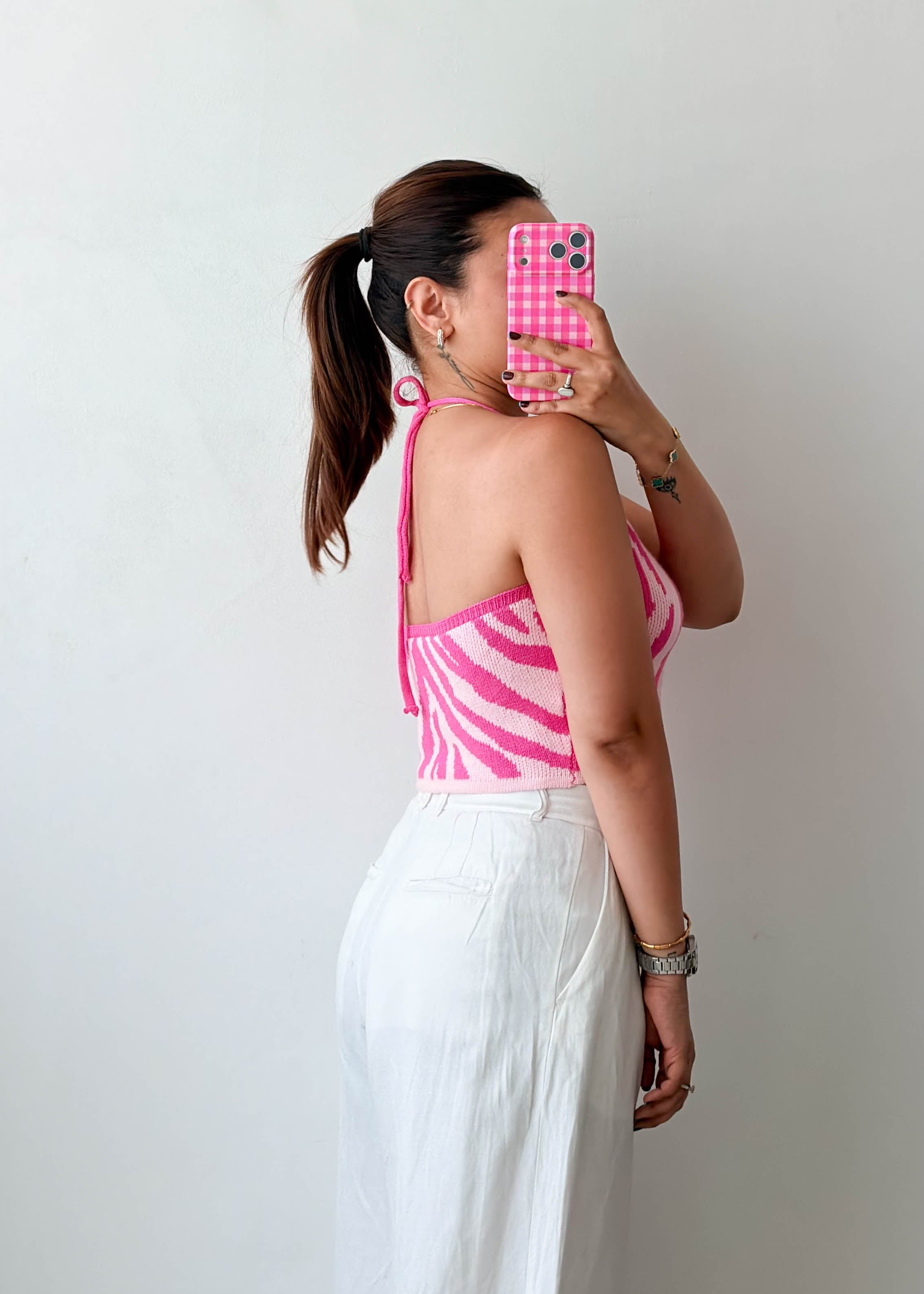 Size M-L Pink Zebra Knit Halter Top