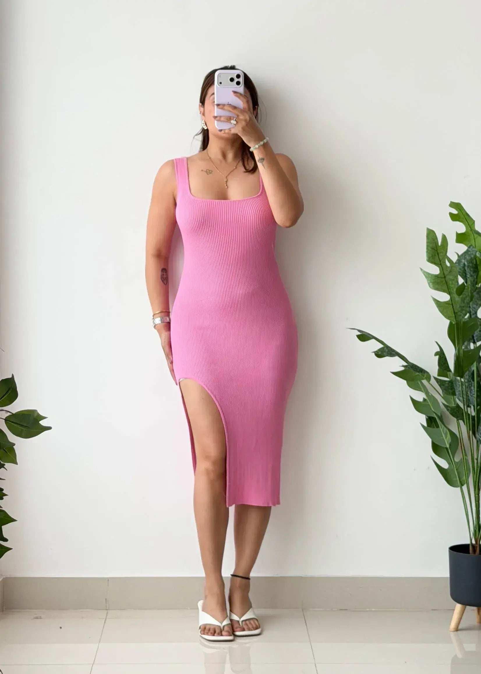 Size S-M, Pink Ribbed Side Slit Midi Dress - Closet by Payal