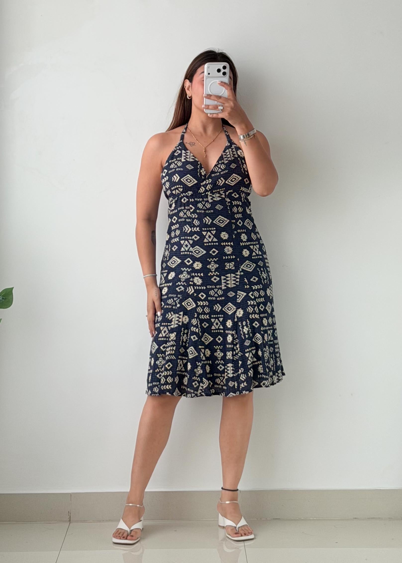 Size S-M Navy Printed Halter Mini Dress