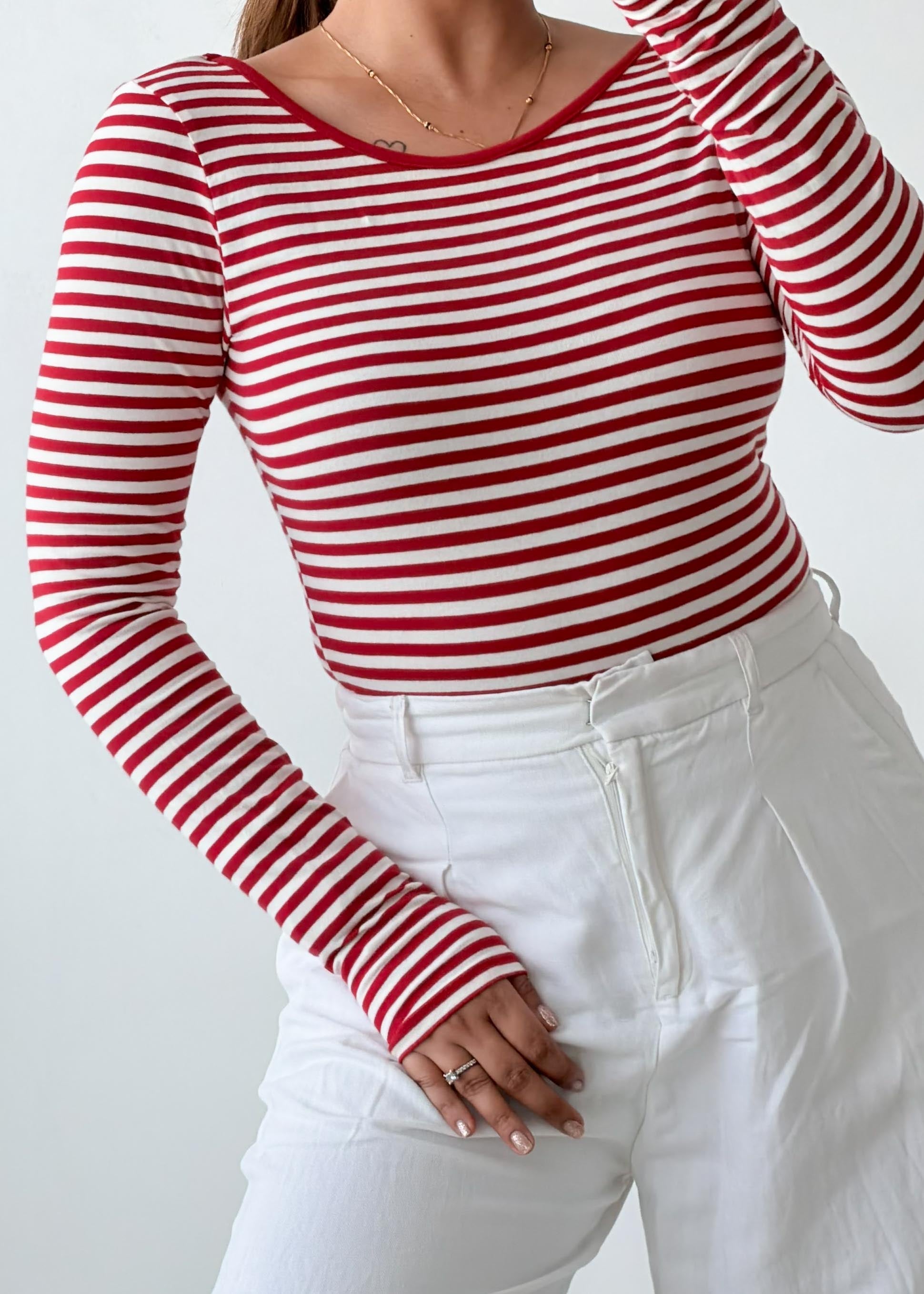 Size M-L Red Striped Long Sleeve Bodysuit