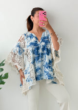 Free Size Blue Tie-Dye Crochet Kaftan Top