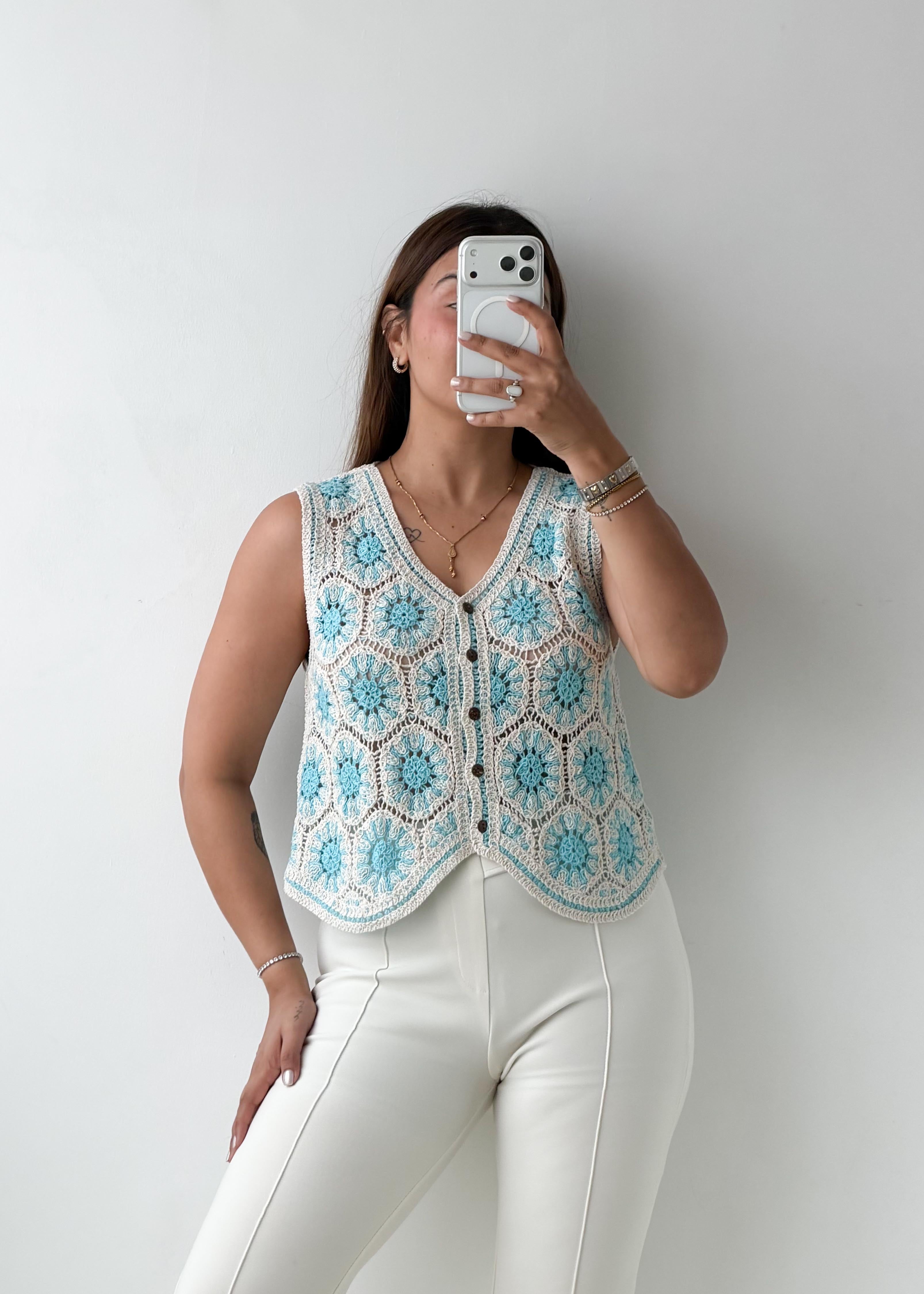 Size M-L Blue Floral Crochet Vest Top