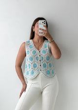 Size M-L Blue Floral Crochet Vest Top