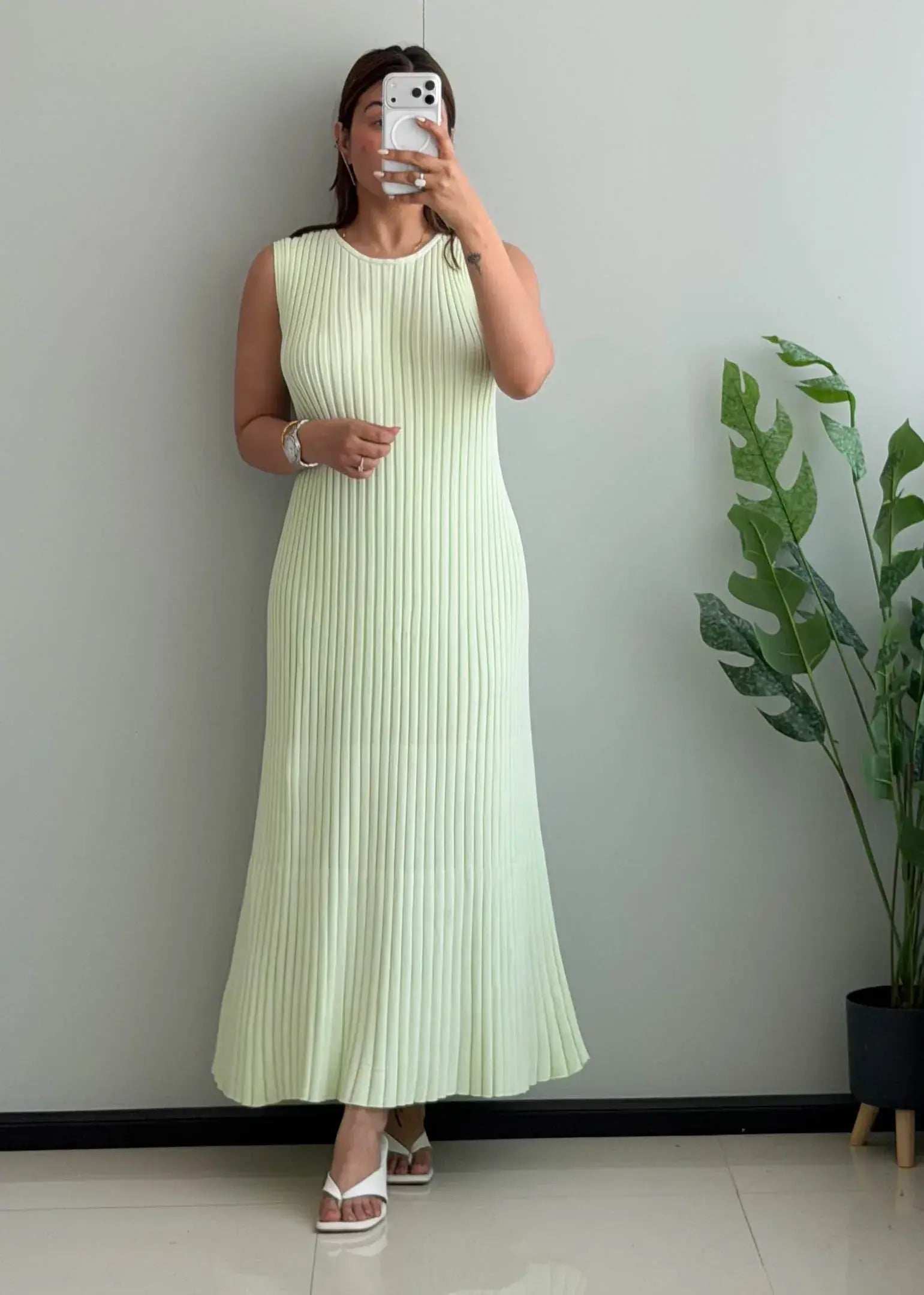SIZE L-XL, Mint Green Ribbed Sleeveless Maxi Dress - Closet by Payal