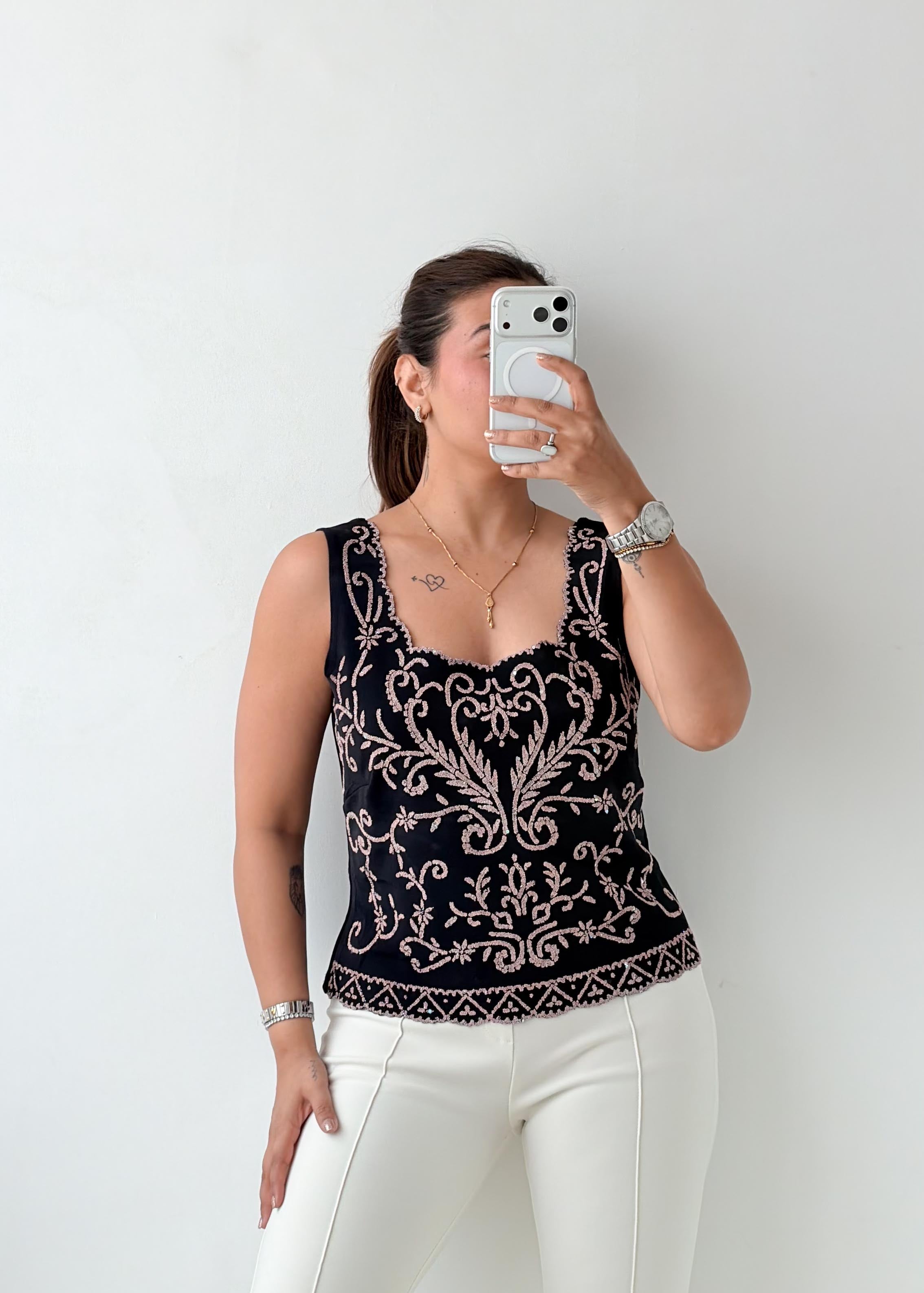 Size M-L Black Embroidered Tank Top