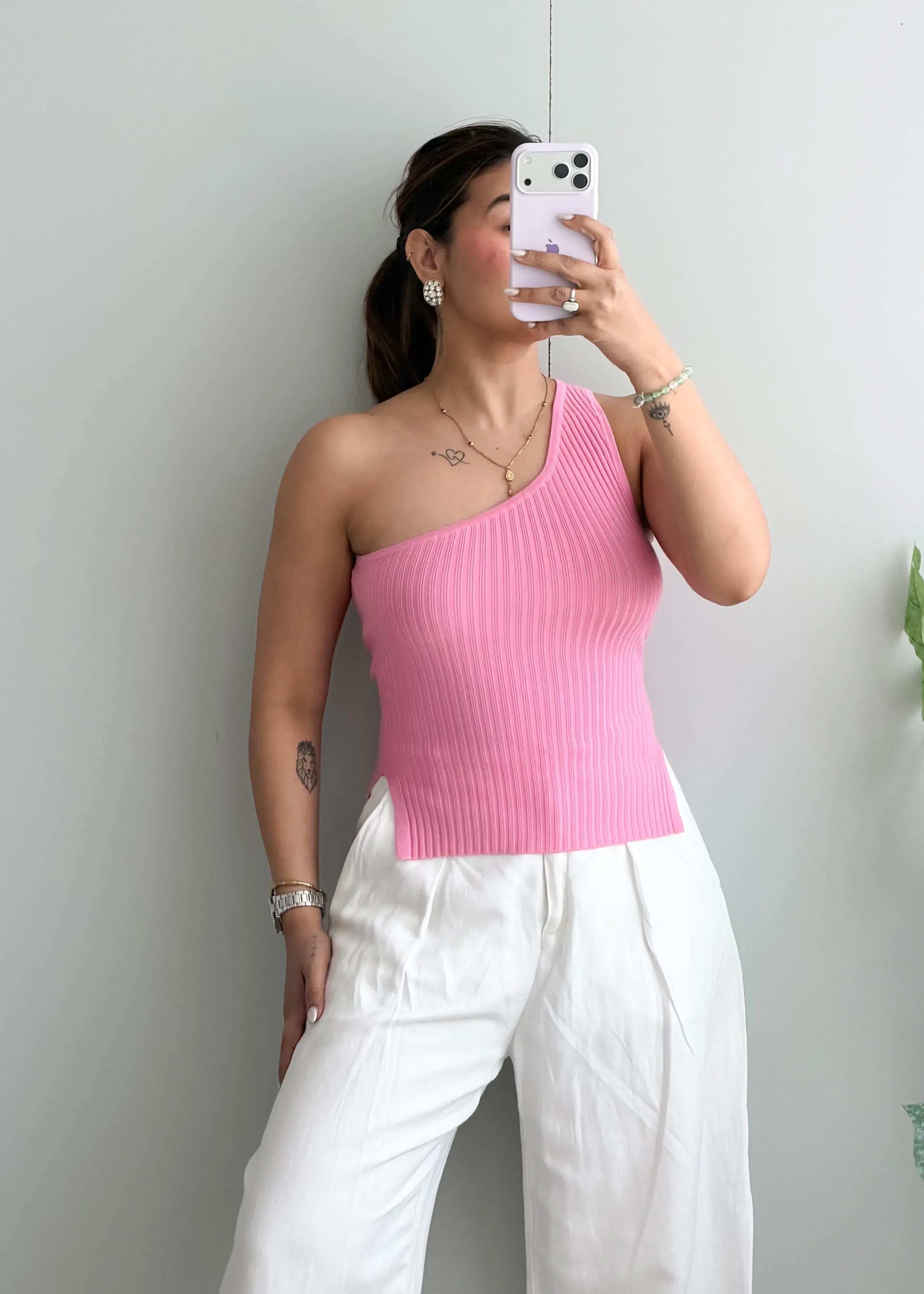 Size S-M, Pink One Shoulder Ribbed Top - Closet by Payal
