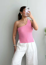 Size S-M, Pink One Shoulder Ribbed Top - Closet by Payal