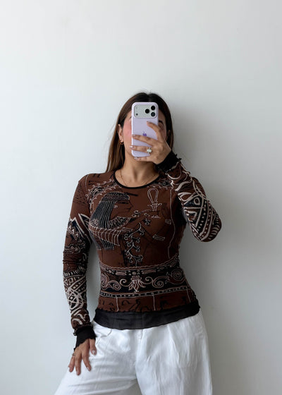 Size XS-S Brown Printed Mesh Top
