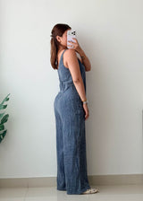 Size M Blue Chambray Wide-Leg Jumpsuit