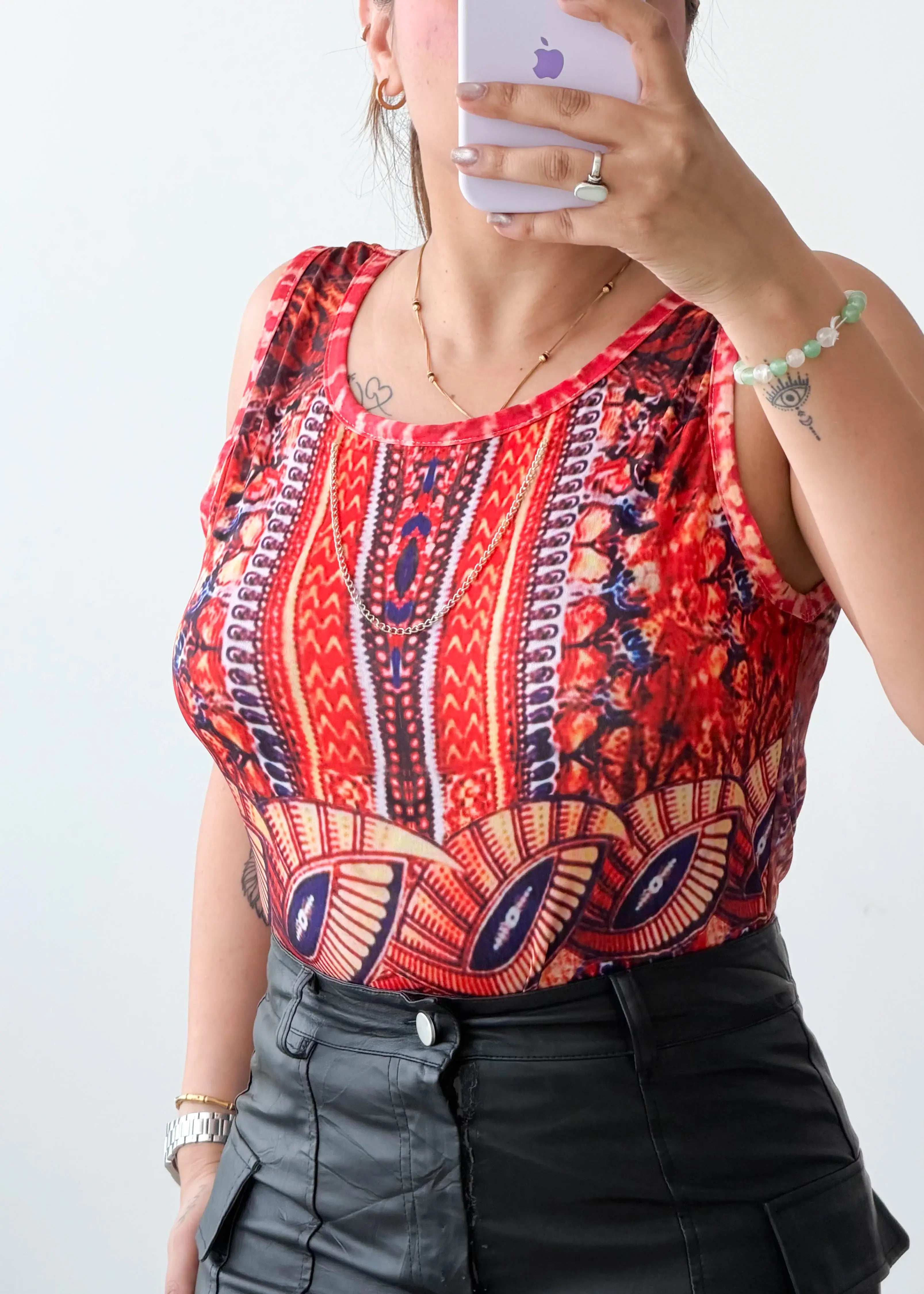 Size L-XL Red Ethnic Print Bodysuit