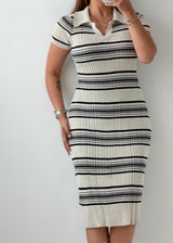 Size S-M White Stripe Collared Knit Midi Dress