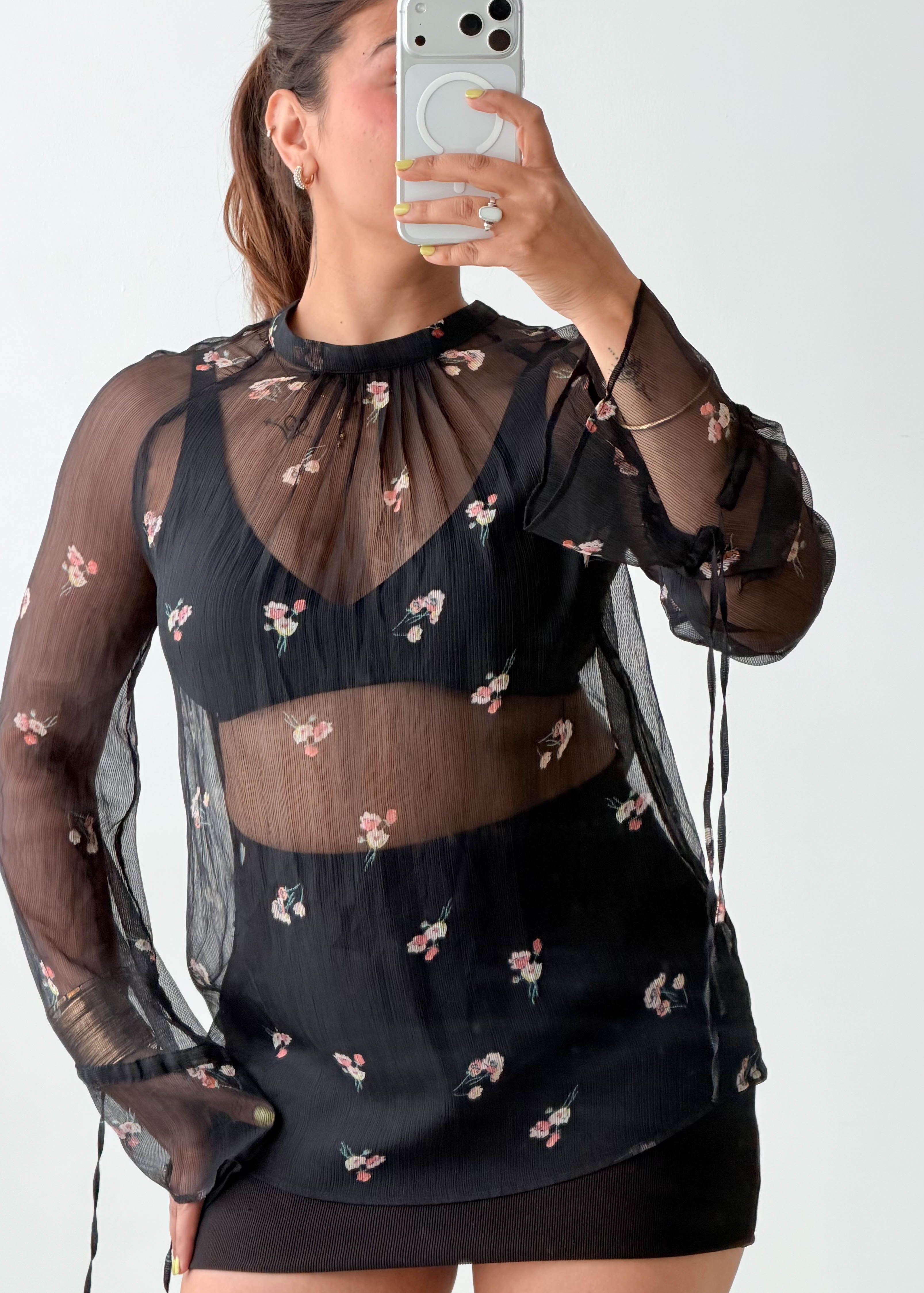 Size S-M Black Sheer Floral Blouse