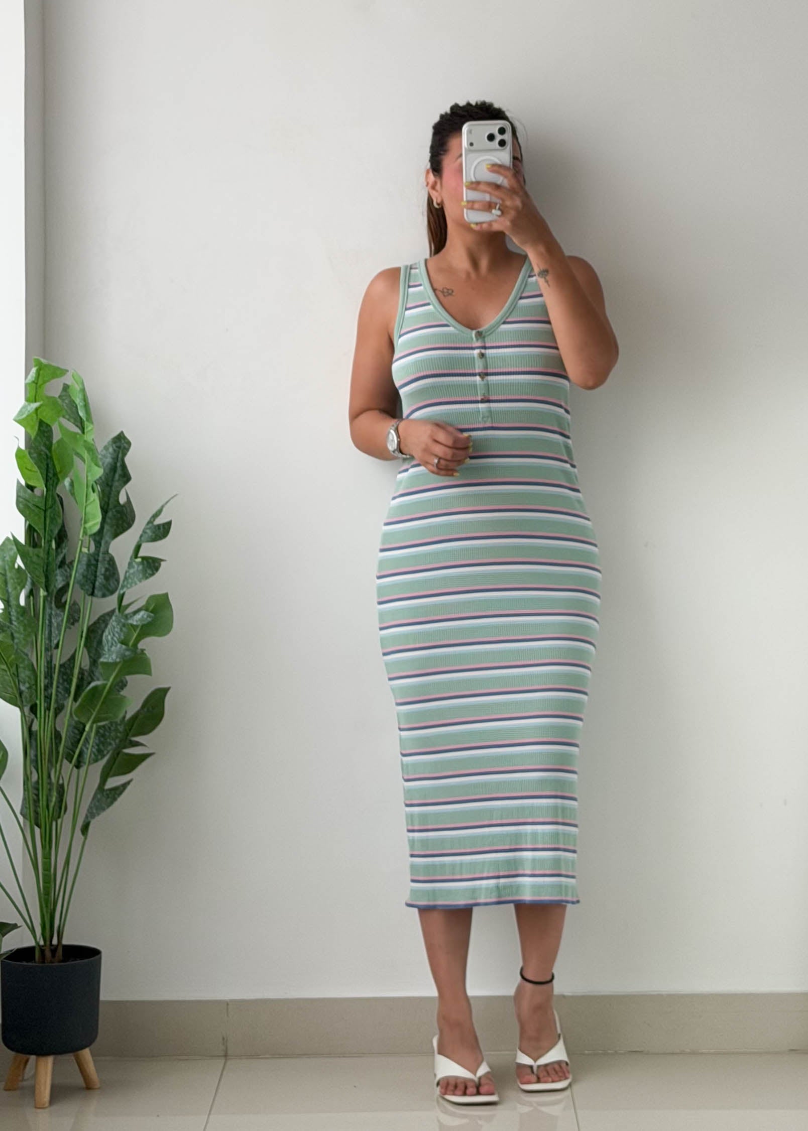Size M-L Mint Striped Ribbed Midi Dress