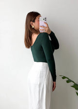 Size S-M, Bottle Green Scoop Neck Full Sleeve Bodysuit