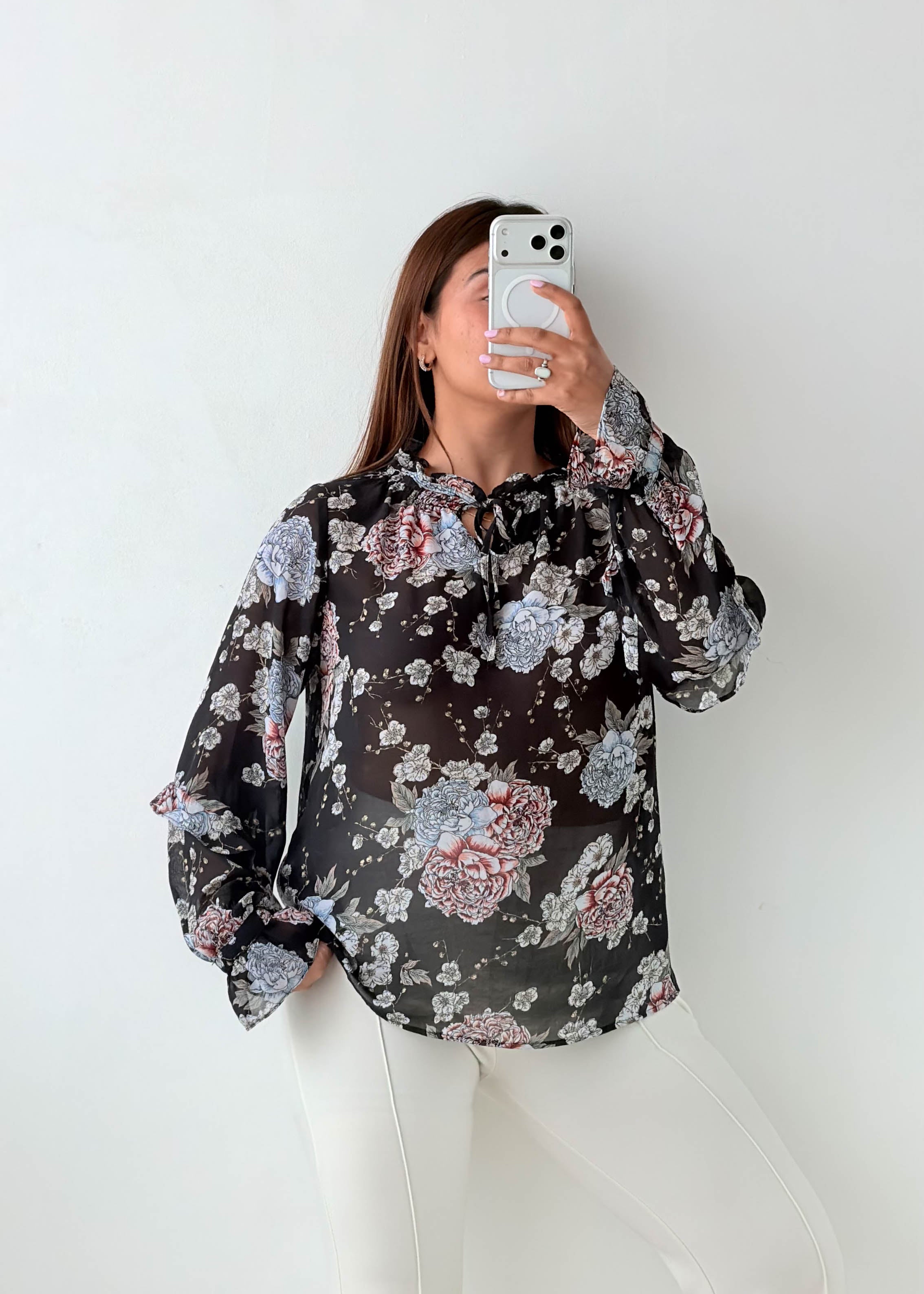 Size XS-S Black Floral Sheer Blouse