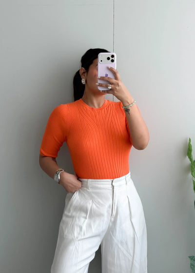 Size S-M, Orange Ribbed Half Sleeve Top - Closet by Payal
