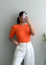 Size S-M, Orange Ribbed Half Sleeve Top - Closet by Payal