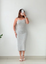 Size S-M Grey & White Striped Ribbed Knit Midi Dress