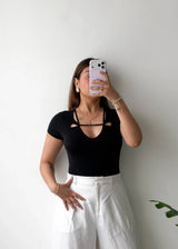 Size S-M, Black Cut-Out Neck Short Sleeve Bodysuit