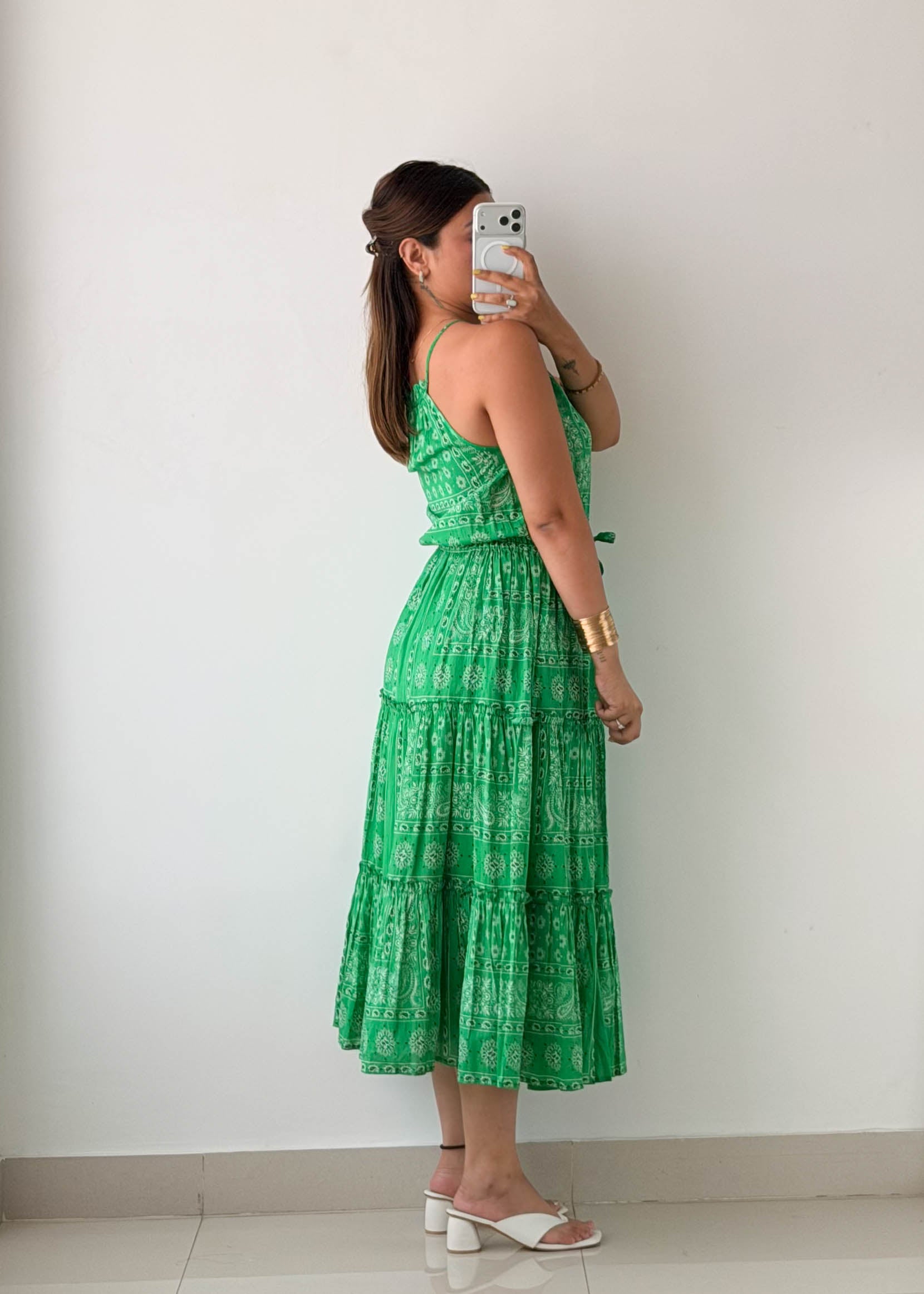 Size S-M Green Printed Tiered Maxi Dress