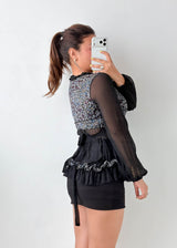 Size XS-S Black Floral Sheer Ruffle Top