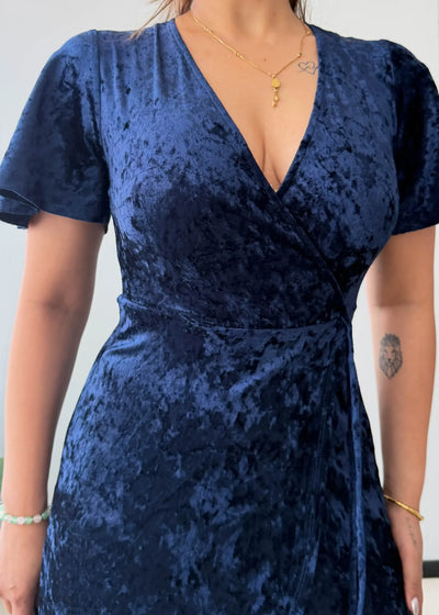 Size XS-S, Navy Velvet Wrap Midi Dress - Closet by Payal