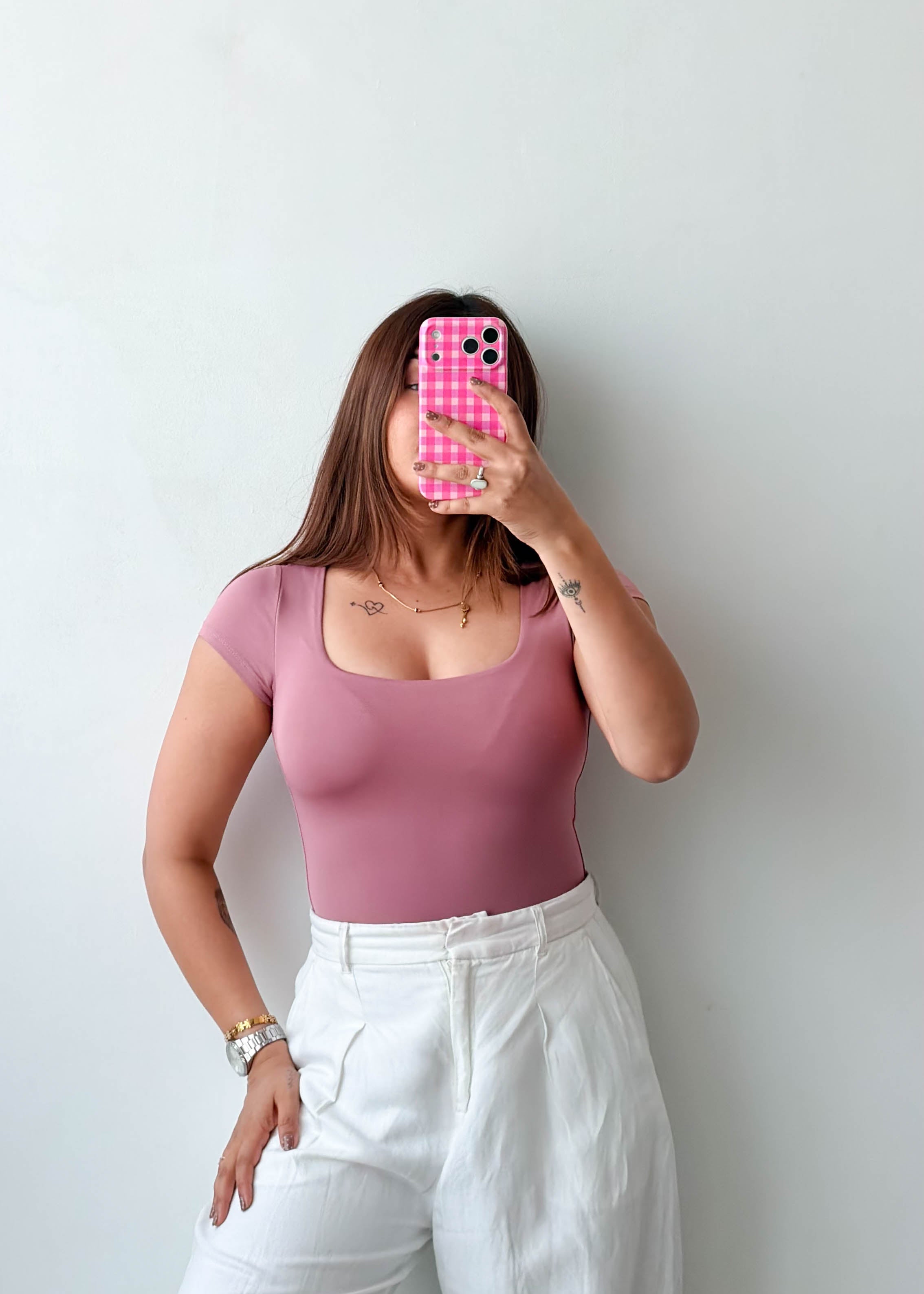 Size XS-S Dusty Rose Square Neck Bodysuit