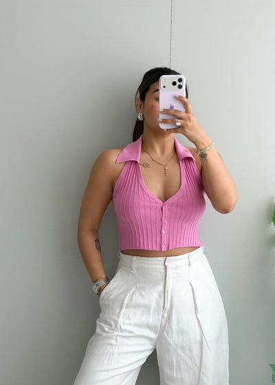Size S-M, Pink Collared Ribbed Crop Top - Closet by Payal