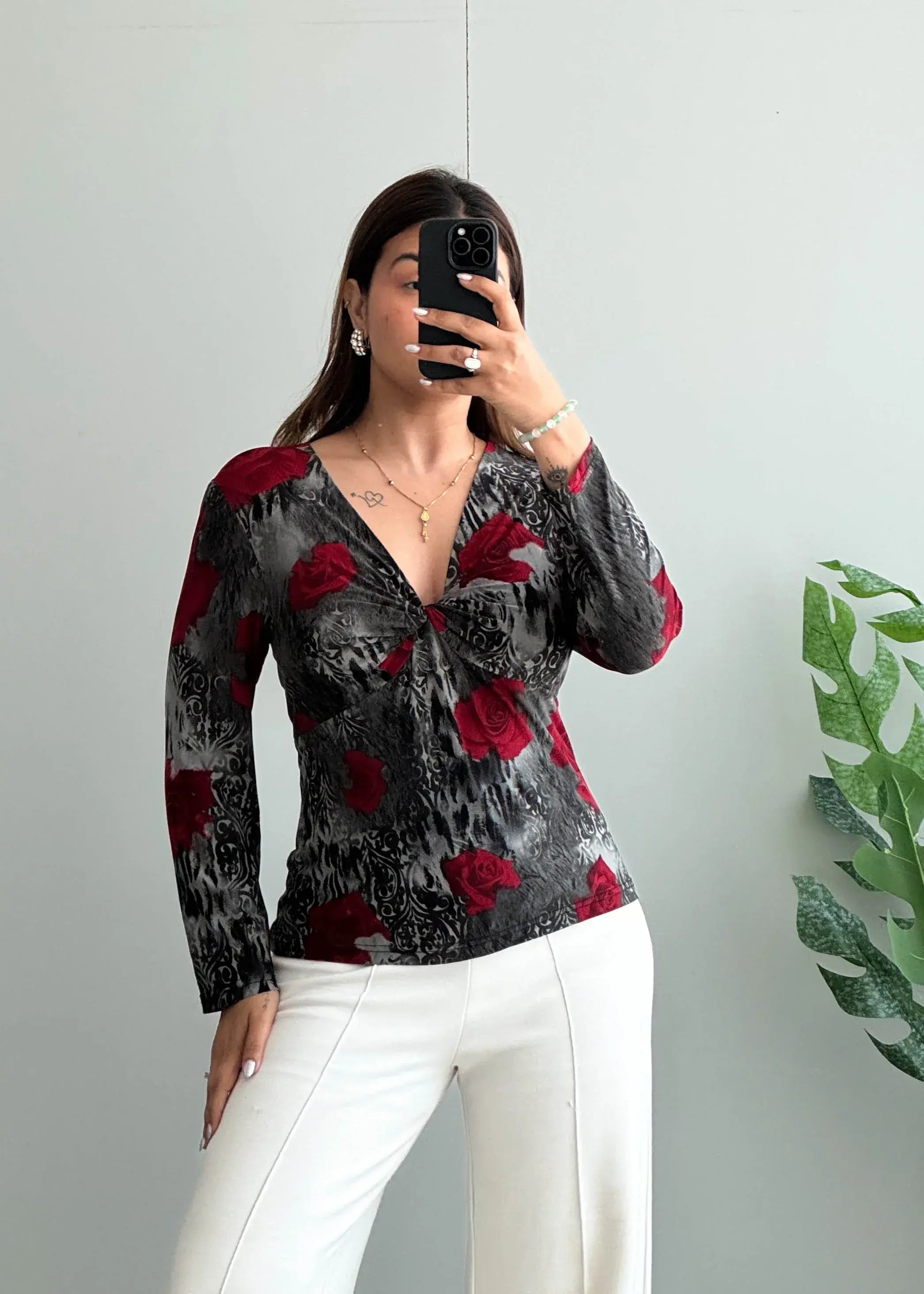 Size M-L, Red Rose Print Twist Front Top for Women - Closet by Payal