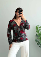 Size M-L, Red Rose Print Twist Front Top for Women - Closet by Payal