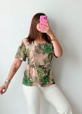 Size M-L Beige Green Floral Printed Top