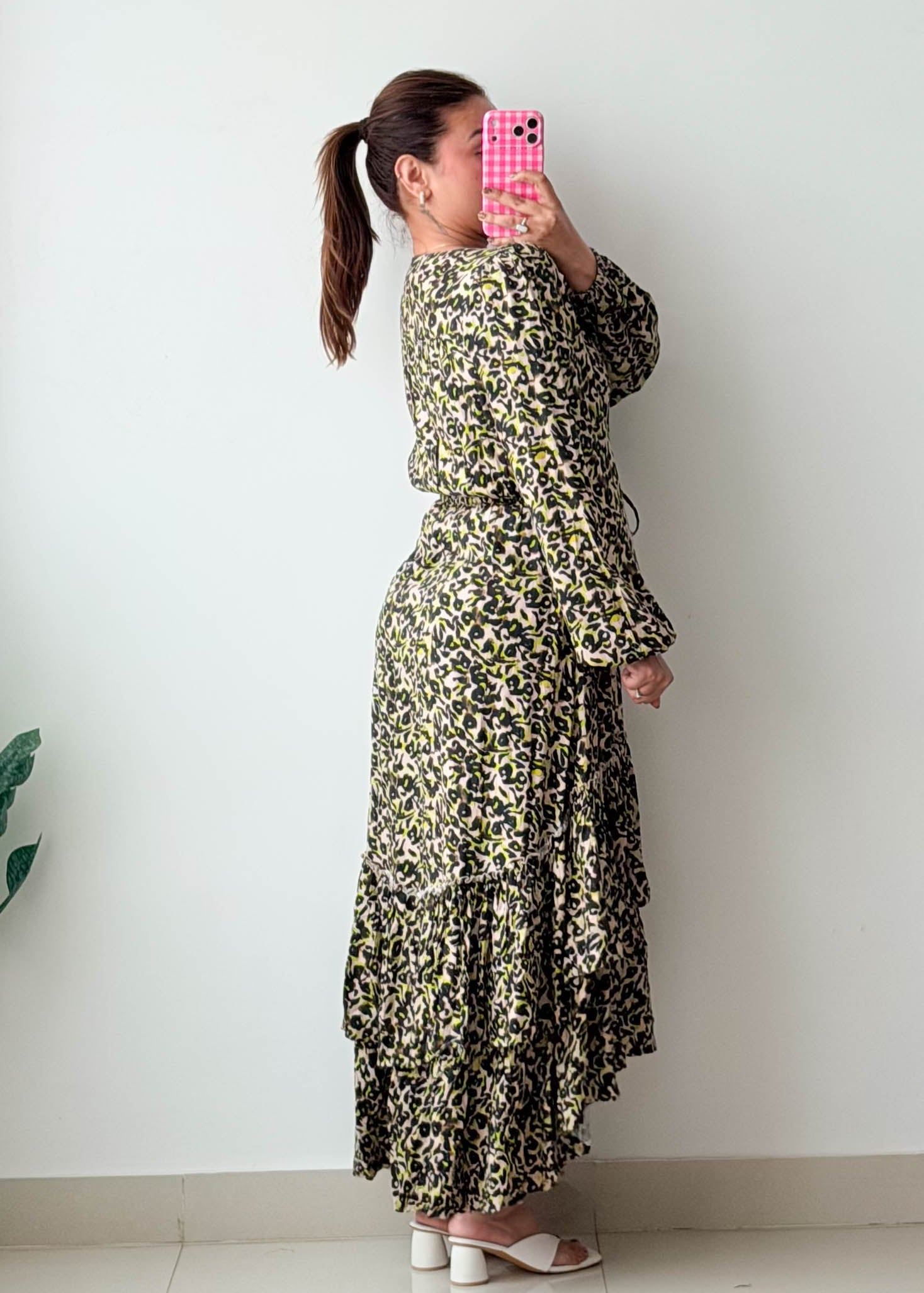 Size S-M Olive Leopard Print Tiered Maxi Dress