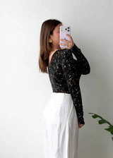 Size S-M, Black Floral V-Neck Full Sleeve Bodysuit