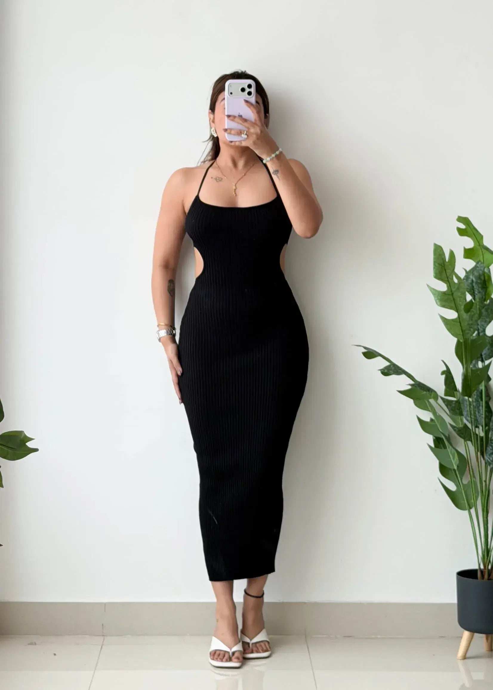 Size XS-S, Black Side Cut-Out Ribbed Maxi Dress - Closet by Payal