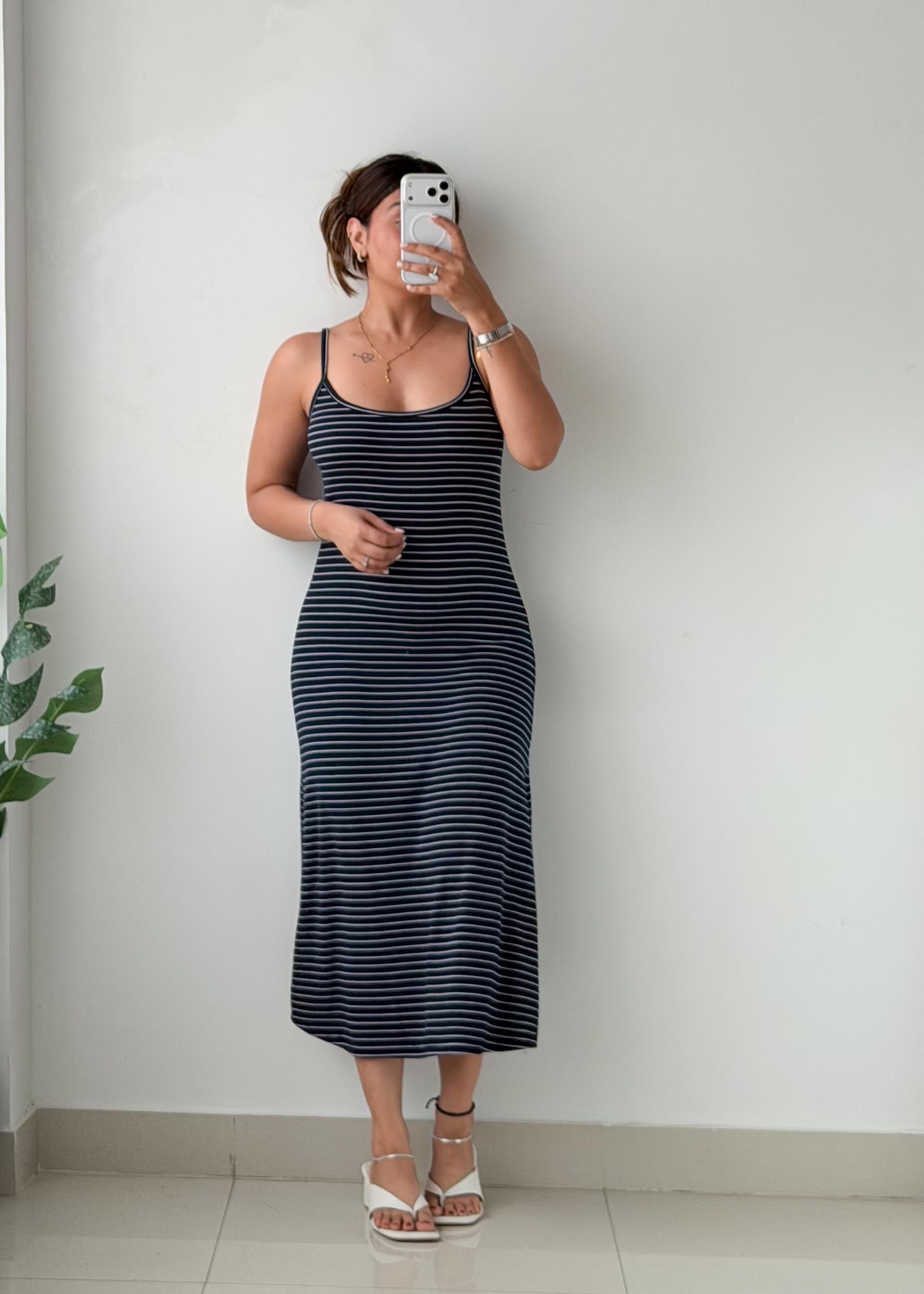 Size S-M Navy & White Striped Ribbed Midi Dress