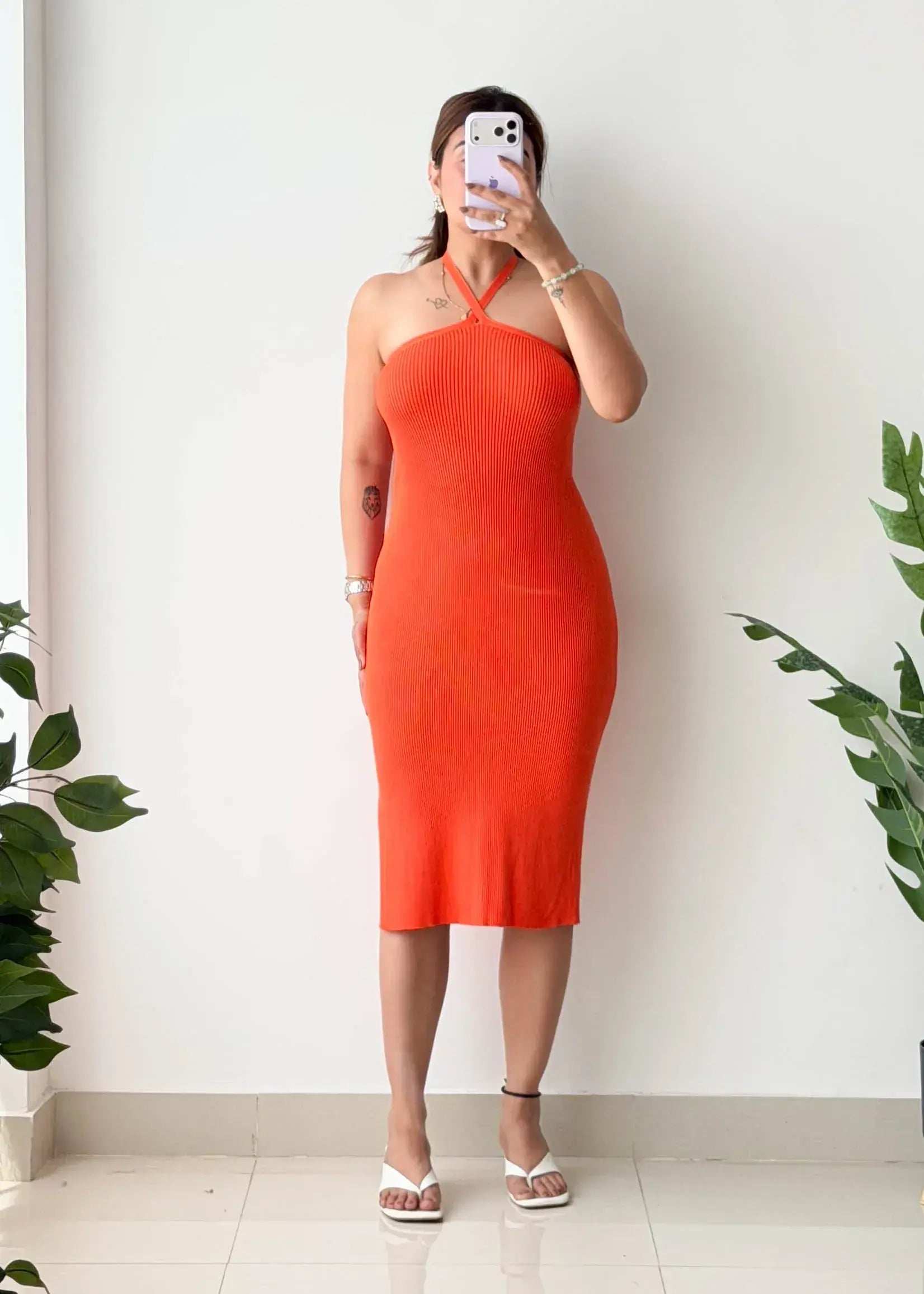 Size S-M, Orange Halter Neck Ribbed Midi Dress - Closet by Payal