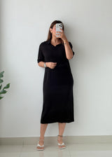 Size M-L Black Collared Knit Midi Dress